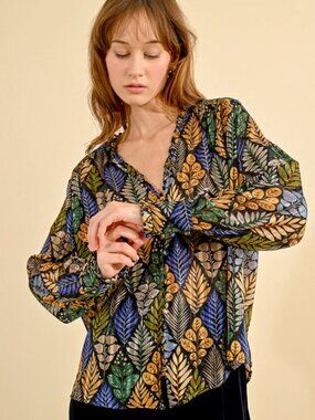 Molly Bracken Oversized Floral Patchwork Print Chiffon Sheer Blouse Preppy Sz M